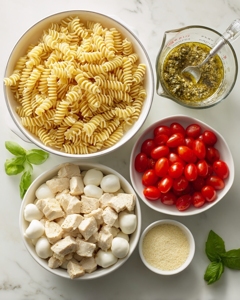 The image shows five white containers arranged on a white marbled surface. In the top left is a large white colander filled with light yellow spiral pasta. On the top right, there is a clear glass measuring cup with a green herby sauce and a spoon inside. Below the colander, a white bowl is full of small, cubed cooked chicken pieces with a light brown outside. Next to it, another white bowl contains smooth white mozzarella balls. To the right of the chicken, a white bowl is filled with bright red halved cherry tomatoes. In front of the chicken bowl, at the bottom, a small white bowl holds a fine pale yellow powder. A few fresh green basil leaves are placed on the surface near the bowls. photo taken with an iphone --ar 4:5 --v 7