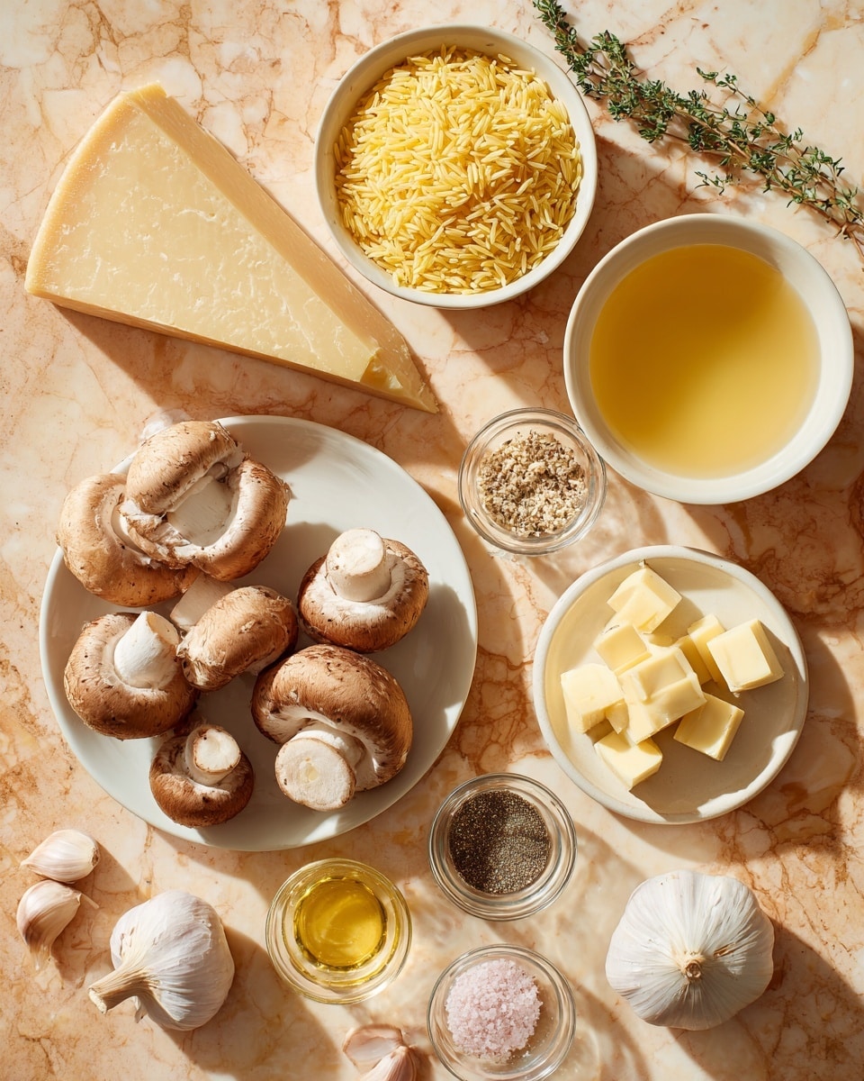 A flat lay image shows an arrangement of raw ingredients on a tan surface with white marbled texture. At the center bottom, a white round plate holds about 12 brown mushrooms with white stems facing upward and outward. Above the mushrooms, two white bowls sit side by side; the left bowl is filled with uncooked golden yellow orzo pasta, and the right bowl holds a bright clear golden broth. To the left of the mushrooms, a triangular wedge of pale yellow Parmesan cheese stands upright with its label visible. To the right of the mushrooms, a small clear dish contains four small rectangular cubes of pale yellow butter, and above it a small glass bowl holds a golden liquid likely oil. Below the mushrooms and spread toward the bottom frame, multiple small glass bowls hold black pepper, pink salt, and a dollop of light yellow garlic paste. A small bulb of garlic, a few green herb branches, and some scattered garlic cloves are placed loosely around the center setup. The photo taken with an iphone --ar 4:5 --v 7