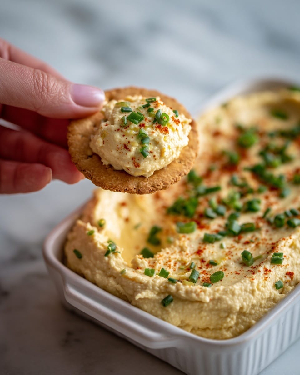 A close-up image showing a woman's hand holding a round, crunchy cracker topped with a thick scoop of light creamy hummus. The hummus is sprinkled with small green chopped chives and a dusting of red spice, giving it texture and color. Below the cracker is a white rectangular dish filled with a smooth, pale yellow hummus that is spread evenly with small green chives and red spice scattered on top. The background features a white marbled surface with soft natural light, creating a clean and fresh look. photo taken with an iphone --ar 4:5 --v 7