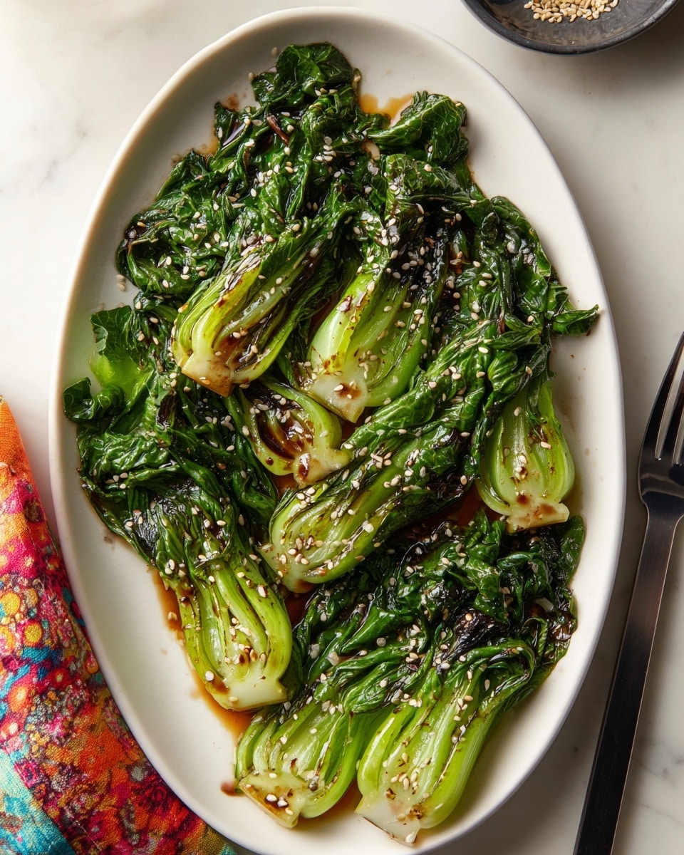 The image shows a white oval plate with pieces of cooked baby bok choy arranged side by side, each piece cut in half lengthwise to reveal light green stalks and dark green leaves slightly wilted from cooking. The bok choy has a shiny, slightly caramelized surface with small sesame seeds sprinkled on top, adding small pops of white color. The plate rests on a white marbled surface with part of a colorful cloth visible on the left and a black fork placed on the right. The lighting makes the vegetables look fresh and glistening. photo taken with an iphone --ar 4:5 --v 7