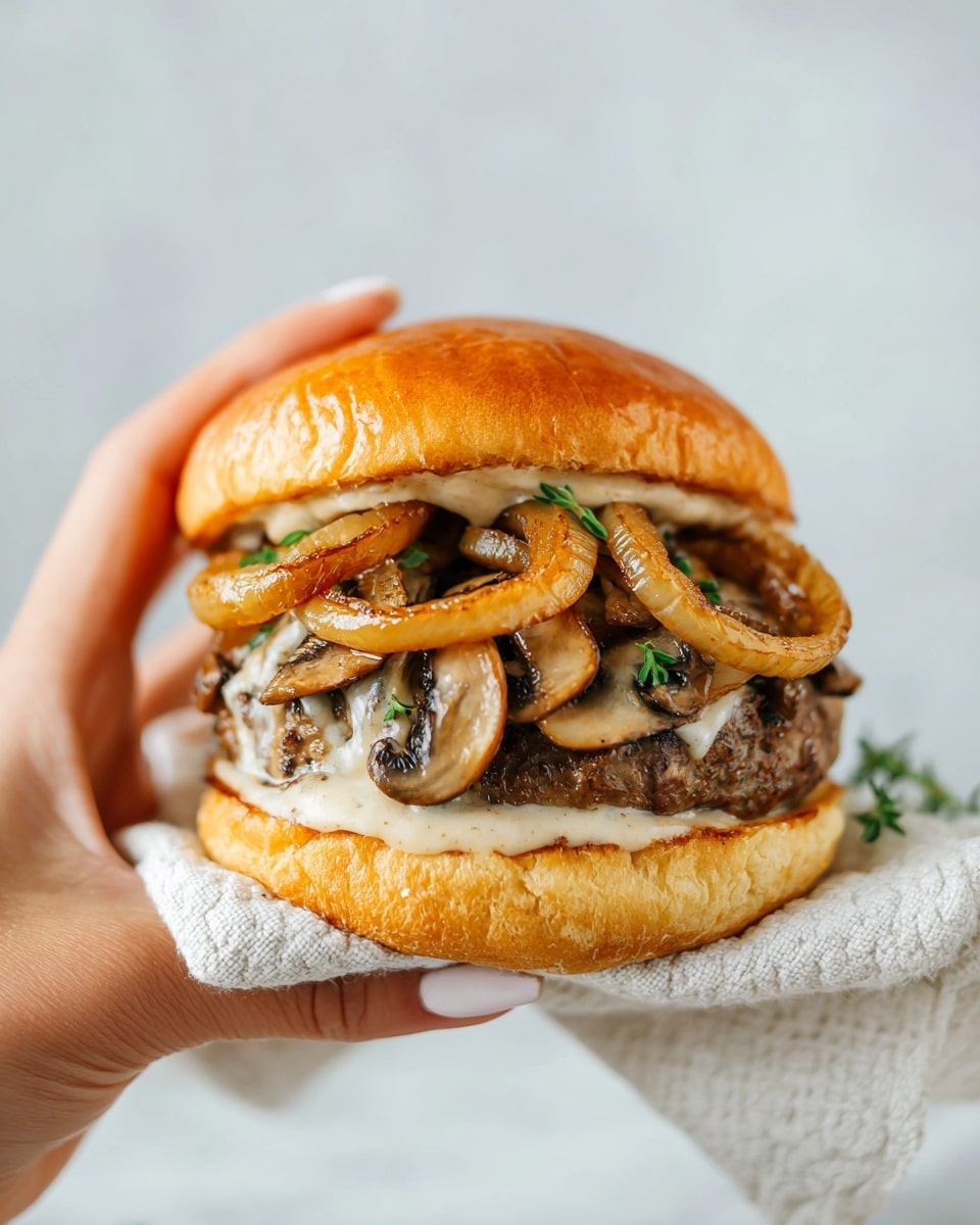 A close-up of a cooked patty layered with sautéed sliced mushrooms and onions coated in a creamy light brown sauce, garnished with small green herb pieces, held gently by a woman's hand lined with a textured white napkin, all set against a soft white marbled surface in the background, showing a juicy and savory texture on the patty with glossy, translucent onion rings resting on top photo taken with an iphone --ar 4:5 --v 7