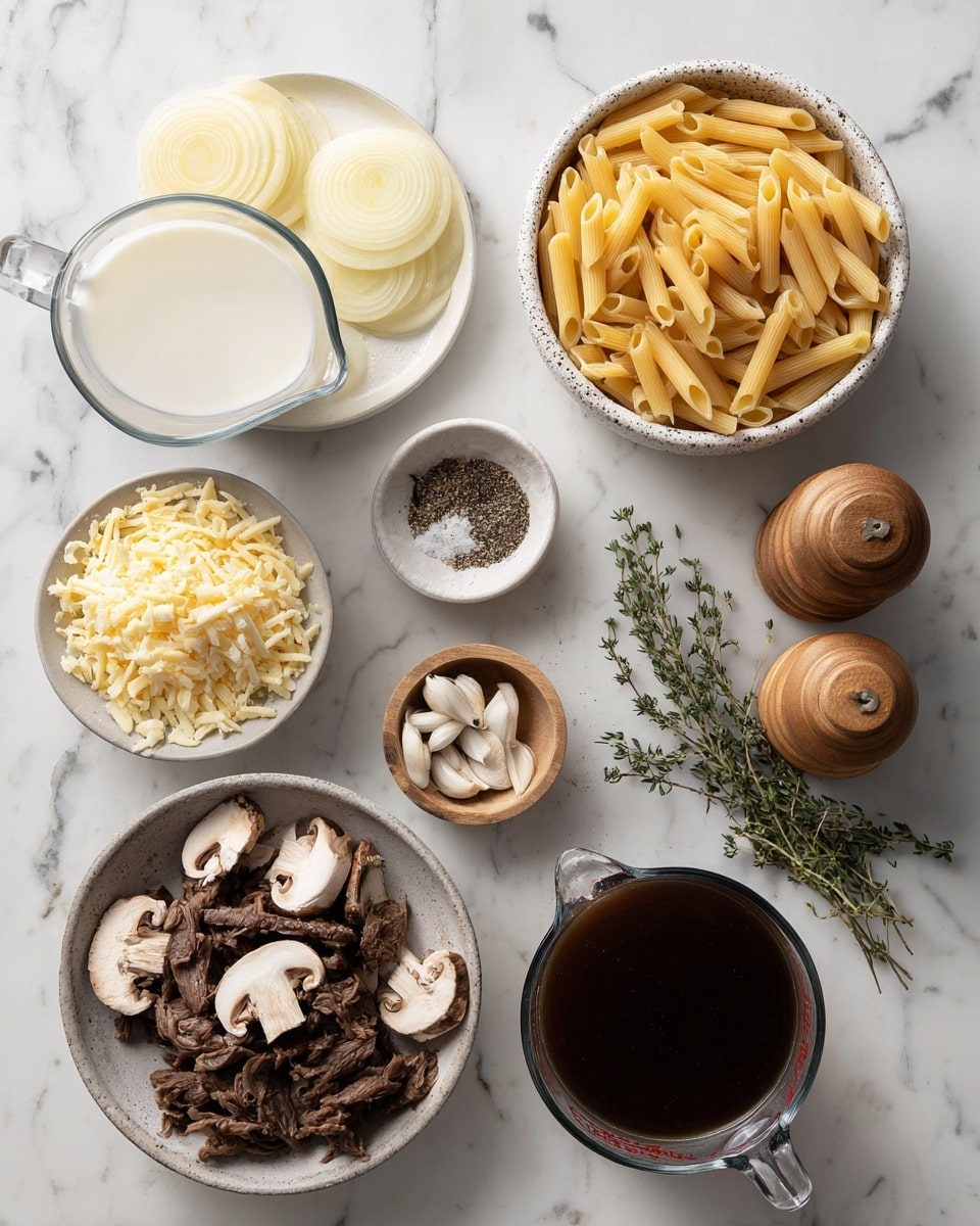 The image shows a flat lay of ingredients on a white marbled surface, including a white speckled bowl filled with uncooked penne pasta at the top right, a bowl of shredded gruyere cheese at the bottom left, and a glass measuring cup filled with dark beef broth at the bottom right. Near the center are several sliced brown mushrooms and a small white bowl with dried thyme, salt, and black pepper. To the top left are thin, round slices of yellow onions on a white plate and a clear measuring cup with whole milk or coconut milk. There is also a small wooden bowl with garlic cloves and wooden salt and pepper shakers scattered between the ingredients, with some fresh thyme sprigs near the mushrooms. Photo taken with an iphone --ar 4:5 --v 7