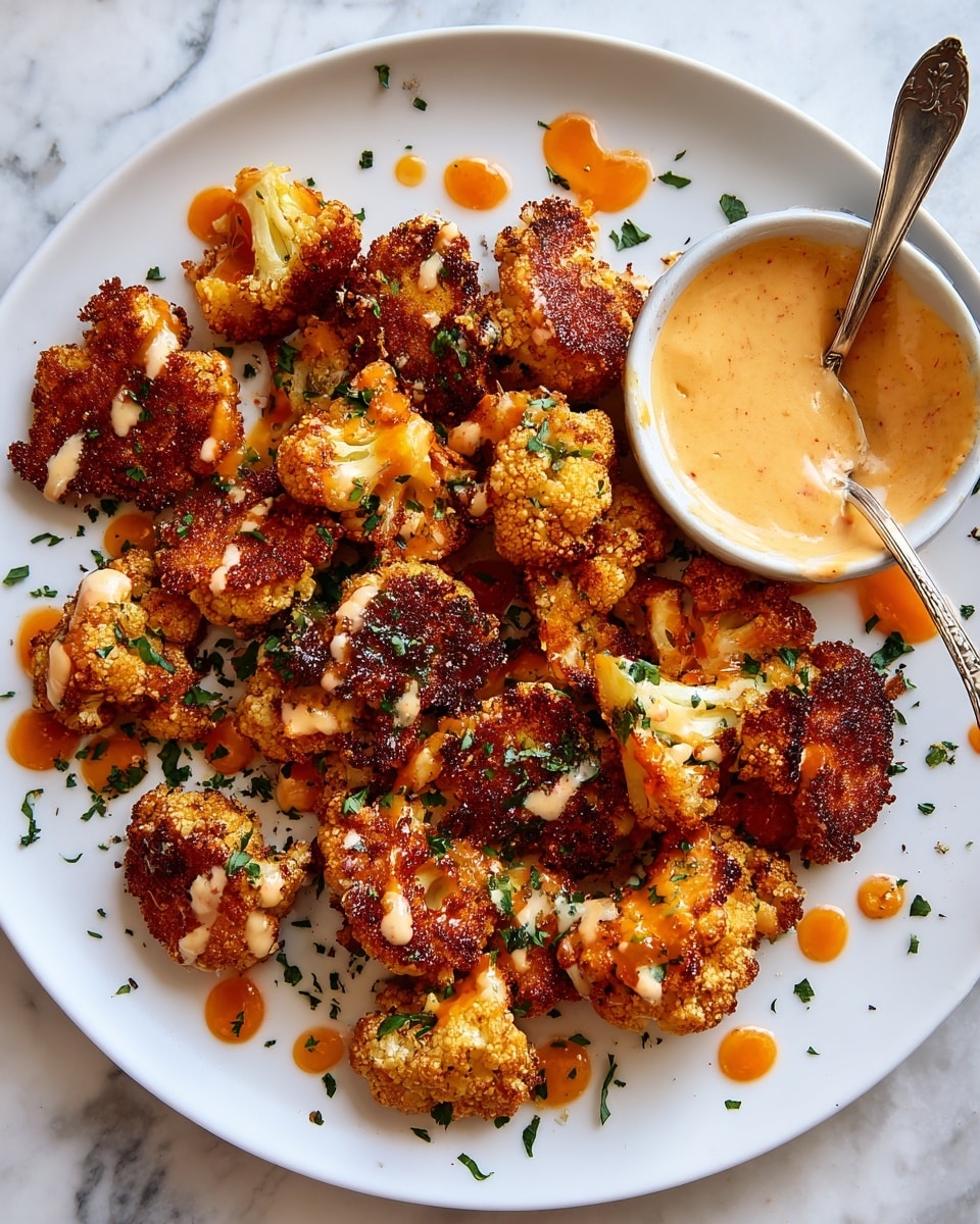 A white plate on a white marbled surface holds about twenty small, golden brown crispy fried cauliflower pieces arranged loosely in the center. Some pieces are darker and shiny with a sticky orange sauce, while others are lighter and dry. White creamy sauce is drizzled over some pieces unevenly, with extra sauce in a small white bowl with a spoon at the top right of the plate. Bright green chopped herbs are sprinkled lightly across the cauliflower and plate. Tiny droplets of orange sauce dot the plate around the cauliflower, adding a colorful, messy effect. photo taken with an iphone --ar 4:5 --v 7