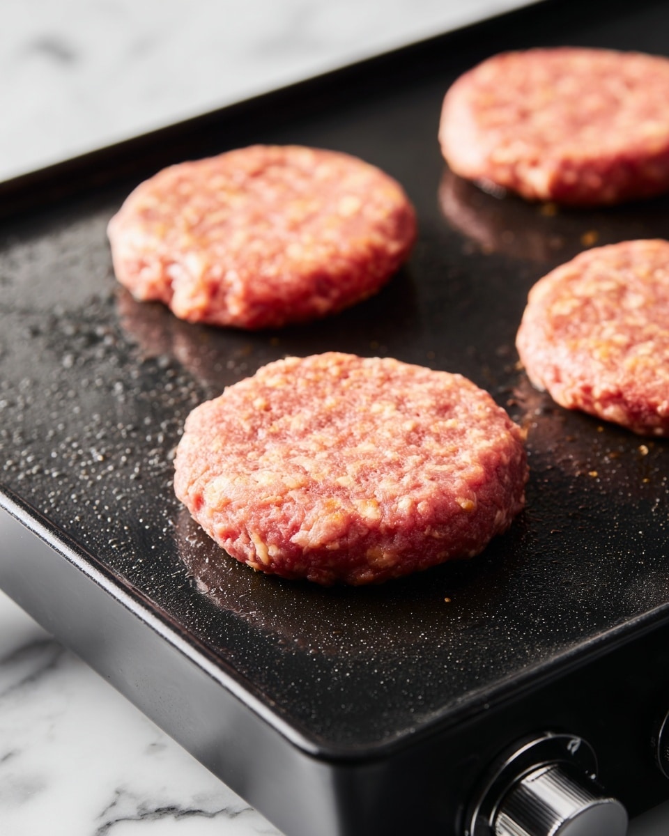 The image shows four raw burger patties placed separately on a large black flat top grill. Each patty is round and has a rough, uneven texture with pink and light red colors. The grill surface shows some patches of oil or moisture, giving it a slight shine. The grill edges and the control knobs below are visible, with the background showing a white marbled texture. photo taken with an iphone --ar 4:5 --v 7
