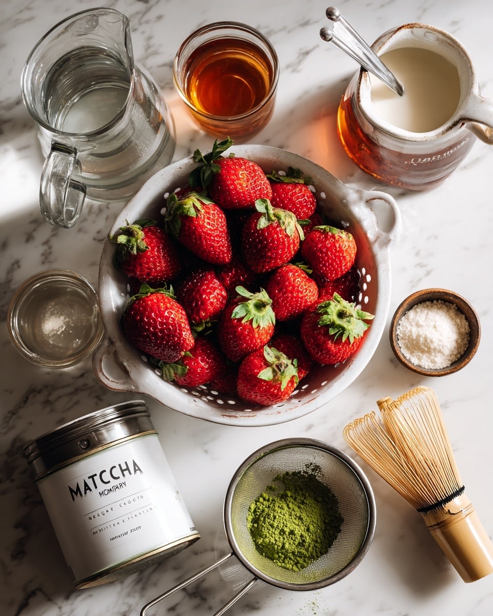 The image shows a white colander filled with bright red strawberries with green leaves on a white marbled surface. Around it are various small containers: a glass jug of clear water, a small glass container with amber liquid, a bowl with fine green matcha powder, a small bowl with light brown sugar, a glass jug of milk, and a metal sieve resting on a round white bowl with beige liquid inside. There is also a tin container labeled