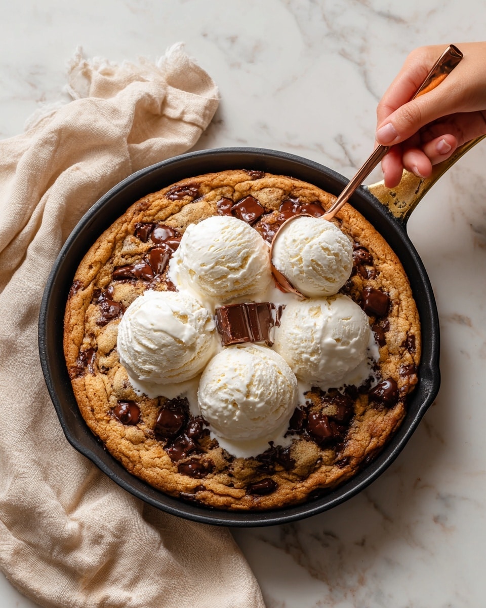 A large round golden brown chocolate chip cookie with uneven edges sits in a black skillet, its surface dotted with melted and slightly shiny dark chocolate chunks creating a rich texture. Three smooth, round scoops of white vanilla ice cream rest on top of the cookie, slightly melting and blending into the cookie below. Two rose gold spoons are partially inserted into the cookie near the ice cream, one of them held by a woman's hand, scooping a rich chocolate piece from inside. The skillet is placed on a white marbled surface, with a beige cloth towel casually draped nearby. Photo taken with an iphone --ar 4:5 --v 7