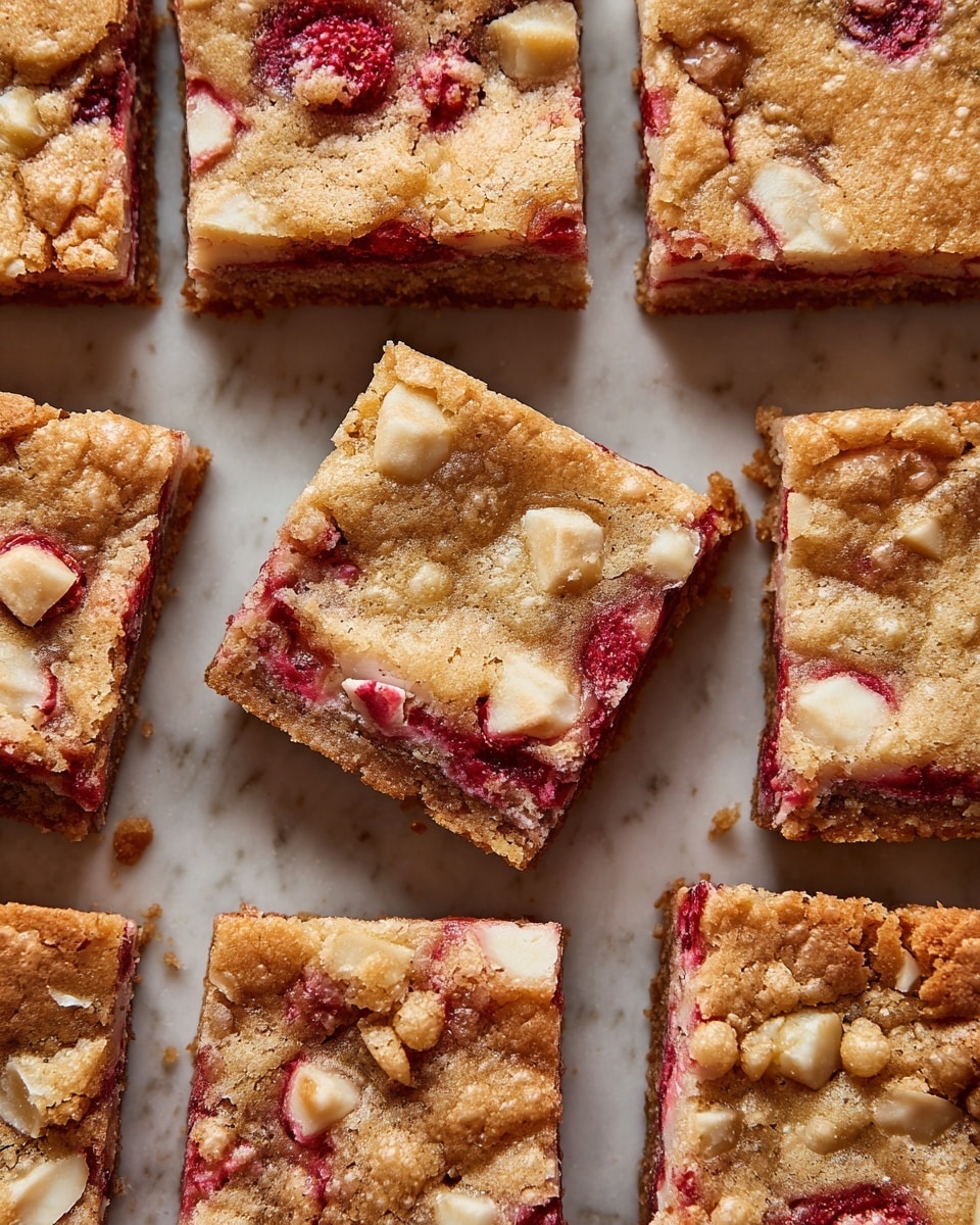 The image shows a close-up of a group of square dessert bars arranged in a grid on a white marbled surface, with one bar slightly lifted in the center. Each bar has a golden brown crust with a cracked, slightly crusty top layer. Inside, the bar has a soft, moist texture with visible swirls and chunks of red berries and white pieces, likely white chocolate or nuts, distributed throughout. The bars have a dense, chewy look with a contrast of the smooth crust and soft interior. photo taken with an iphone --ar 4:5 --v 7