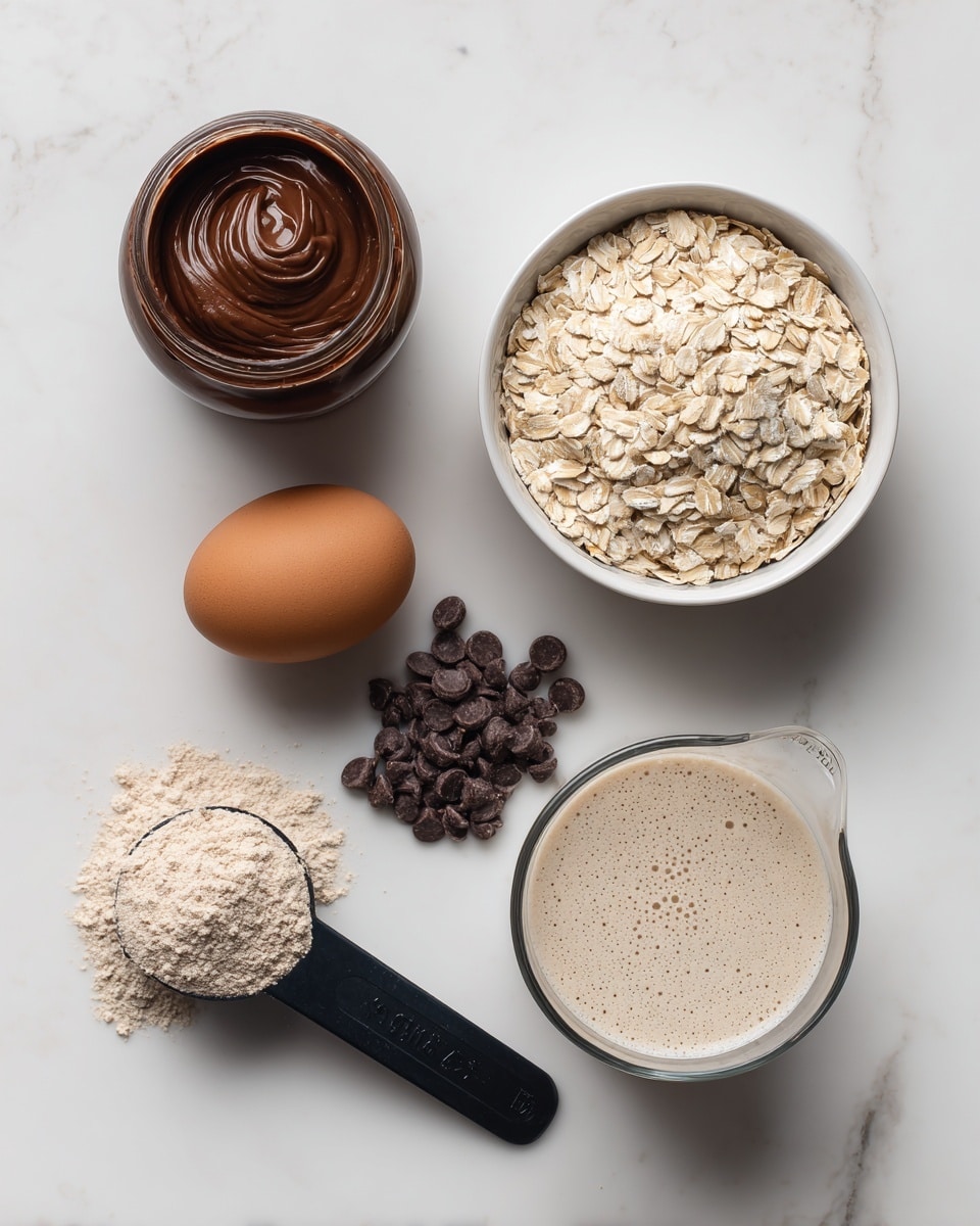The image shows a white marbled surface with several ingredients neatly arranged. On the top right, a white bowl filled with light beige oats. To the left of the bowl, there is an open jar filled with smooth dark brown Nutella. Below the Nutella jar, there is an egg with a light brown shell placed on the surface. In the center, a small pile of dark brown chocolate chips spreads out on the surface. Near the bottom right, there is a clear glass measuring cup filled with a light beige oat milk liquid with small bubbles on the surface. Finally, at the bottom left, a black scoop holds fine light brown protein powder. Each item is spaced evenly and sits against a clean white marbled background photo taken with an iphone --ar 4:5 --v 7