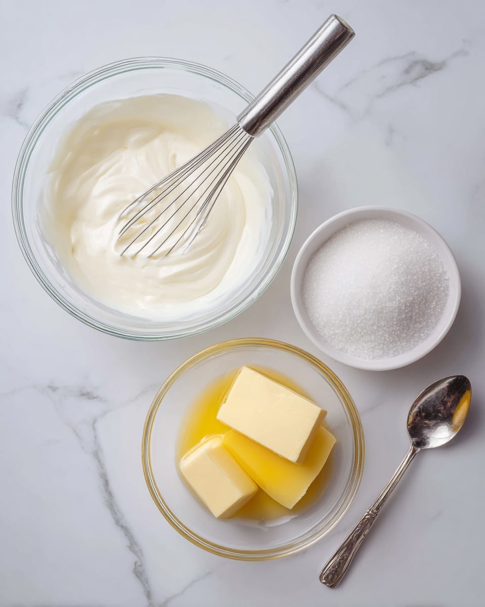 In the image, there are two clear glass bowls placed on a white marbled surface. The left bowl holds a smooth, glossy white cream mixture with a simple silver whisk resting inside. The right bowl contains three main ingredients: white granulated sugar piled on top, a soft yellow block of butter melting slightly, and a small pool of clear amber liquid, all arranged side by side before mixing. Nearby, a silver spoon and a white paper-wrapped stick of butter are visible on the white marbled surface, adding context to the preparation process. photo taken with an iphone --ar 4:5 --v 7