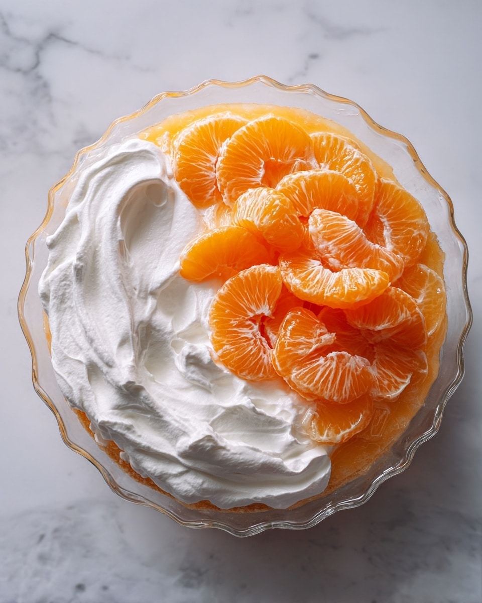 A clear glass bowl with a scalloped edge sits on a white marbled surface, filled with three distinct layers: a bright orange jelly layer at the bottom, shiny, peeled mandarin orange segments clustered on one side, and a fluffy white whipped cream layer on the other side. The textures contrast with the smooth gelatin, the juicy, slightly translucent fruit, and the soft, airy cream. Photo taken with an iphone --ar 4:5 --v 7