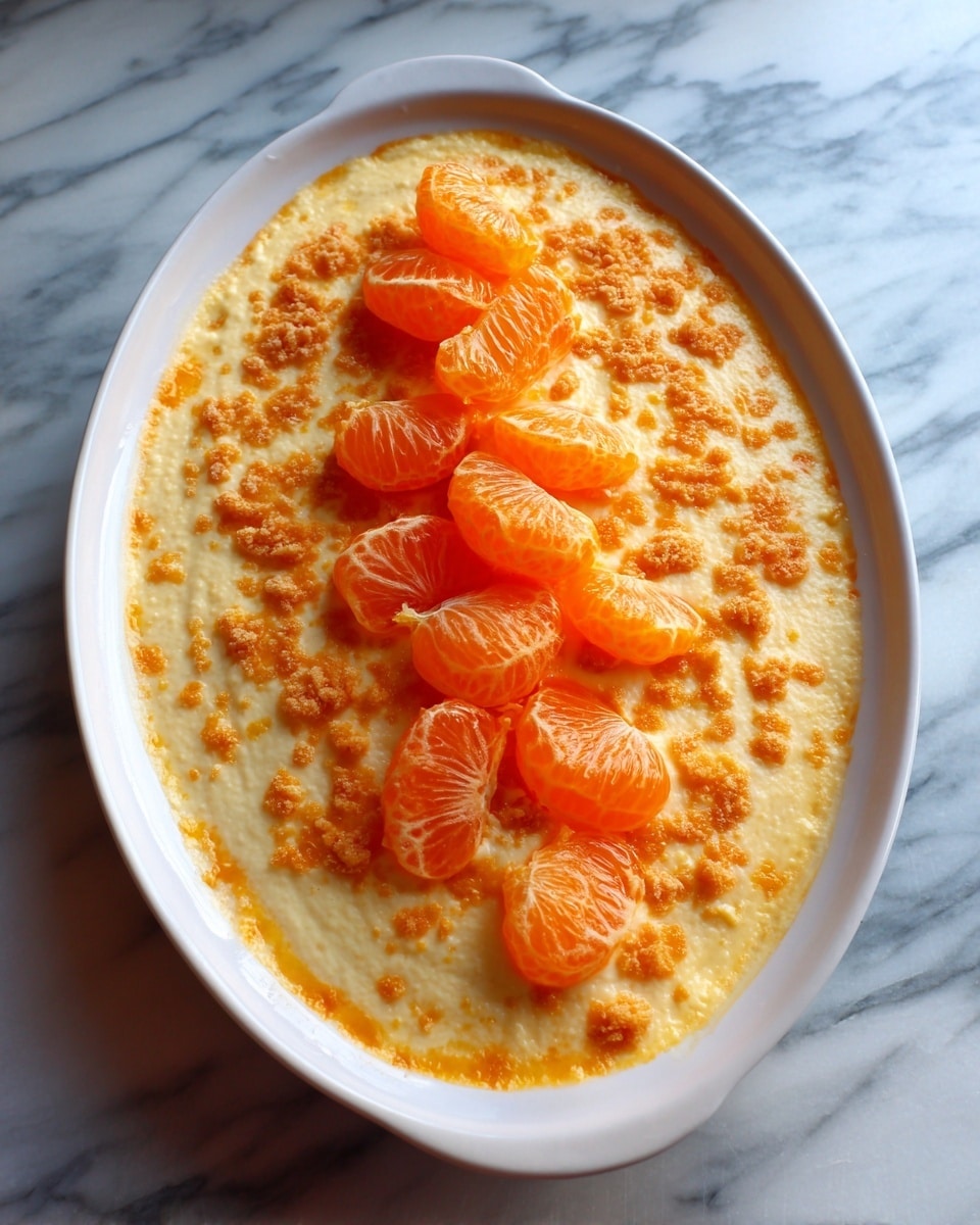 The image shows a white oval dish filled with a thick, creamy light orange layer with small orange pieces mixed throughout. On top of this creamy base, there is a small pile of bright orange mandarin segments arranged in the center. The surface beneath the dish is a white marbled texture. photo taken with an iphone --ar 4:5 --v 7