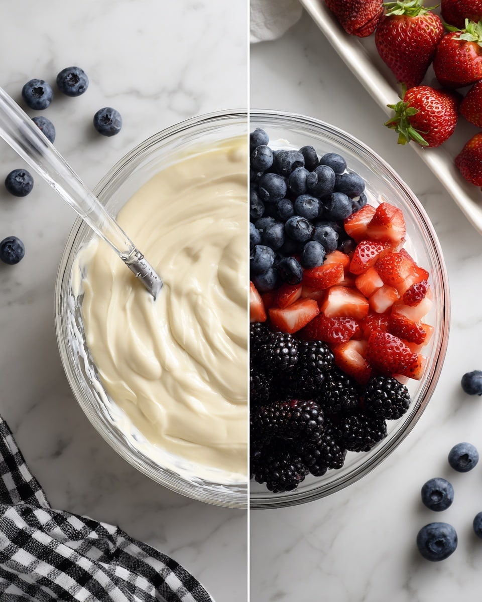 The image shows two side-by-side photos of a clear glass bowl on a white marbled surface. The left photo displays a smooth, creamy off-white mixture filling the bowl, with a clear spatula resting inside. The right photo shows the same bowl but now with three piles of fresh fruit on top of the creamy base: bright red chopped strawberries on the right, deep blue blueberries on the top left, and blackberries with dark purples and blacks on the bottom left. Around the bowl are a few scattered blueberries and strawberries, along with a white tray holding more berries in the top right corner, and a black and white checkered towel at the bottom left. photo taken with an iphone --ar 4:5 --v 7