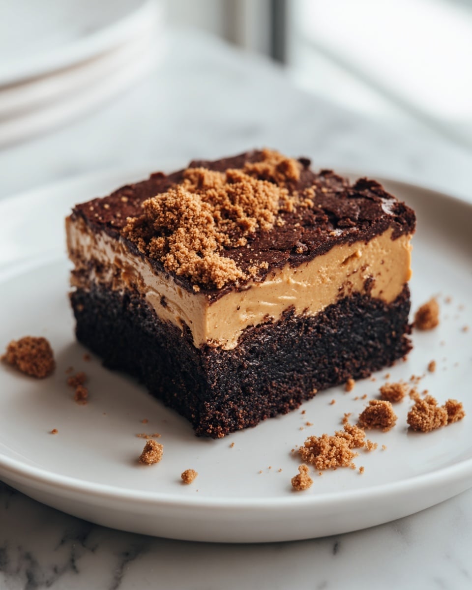 The image shows a square glass baking dish filled with a dark brown brownie base topped with a smooth, light brown peanut butter layer. The peanut butter layer is glossy and spread evenly, with crispy brown cookie pieces scattered on top. The brownie is cut into nine even square pieces. The dish is placed on a metal cooling rack set on a white marbled surface. Crumbs and broken cookie pieces surround the dish, while a white spatula rests nearby. Some white plates with blue-striped cloth are partly visible in the background. Photo taken with an iphone --ar 4:5 --v 7