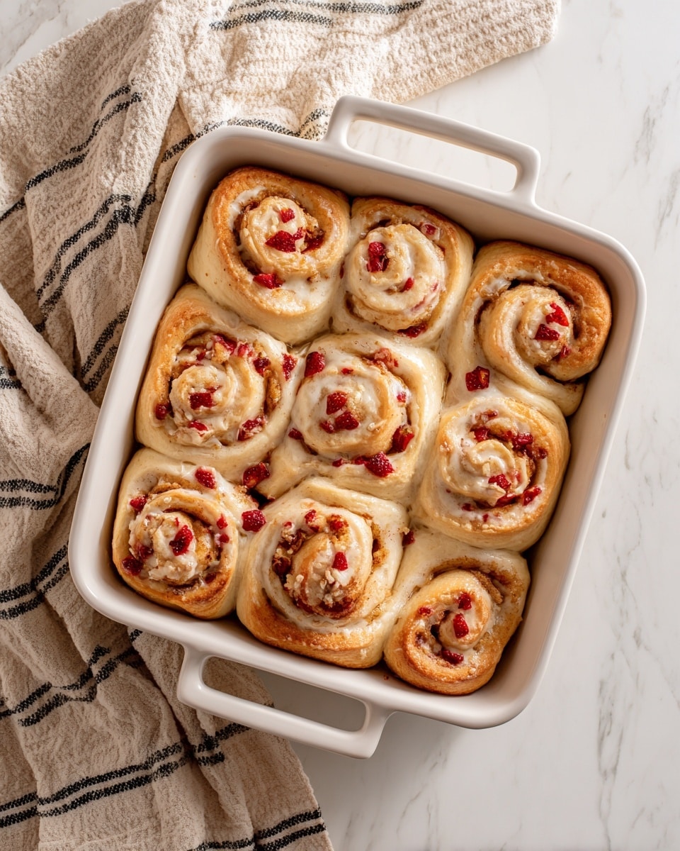 The image shows a white baking dish filled with 12 fresh cinnamon rolls arranged in a 3 by 4 grid. Each roll features a spiral shape with visible layers of light golden-brown dough and small pieces of red strawberries embedded between the dough layers. The cinnamon rolls appear soft with some light browning on the edges. The dish is placed on a white marbled surface with a beige and black striped cloth casually draped in the background. Photo taken with an iphone --ar 4:5 --v 7