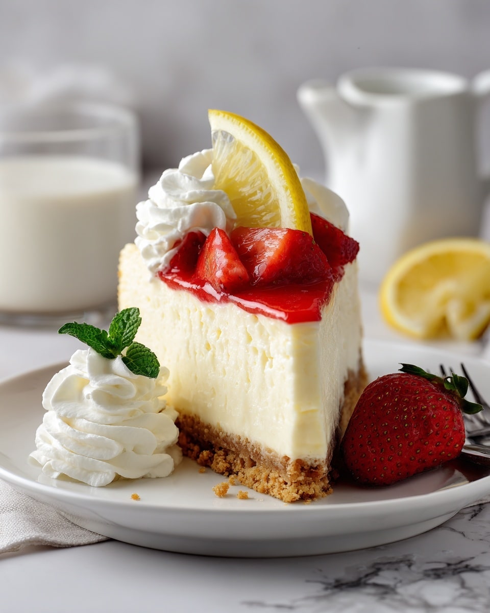 The image shows a slice of creamy white cheesecake with a crumbly golden crust at the bottom. The cake has a thin red layer just above the crust, swirling into the white cream top layer. On top of the cheesecake, there are bright red pieces of fresh strawberries, a dollop of white whipped cream, a small green mint leaf, and a thin yellow lemon slice placed on top. Next to the slice on the white plate, there is more whipped cream and a halved strawberry. The background has a glass of milk and a white jug, set on a white marbled surface. photo taken with an iphone --ar 4:5 --v 7