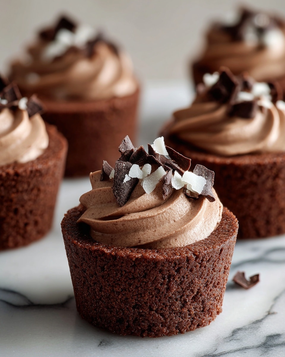 The image shows several small chocolate cups placed on a white marbled surface. Each cup has a dark brown, textured chocolate base that looks airy and slightly rough. On top of each base, there is a light brown creamy filling, swirled smoothly with a soft texture. The creamy filling is garnished with small dark chocolate shavings and a few white flakes, scattered on top and around the cups. The focus is on the closest chocolate cup, making it sharp in detail, while the others fade softly in the background, giving a sense of depth. Photo taken with an iphone --ar 4:5 --v 7