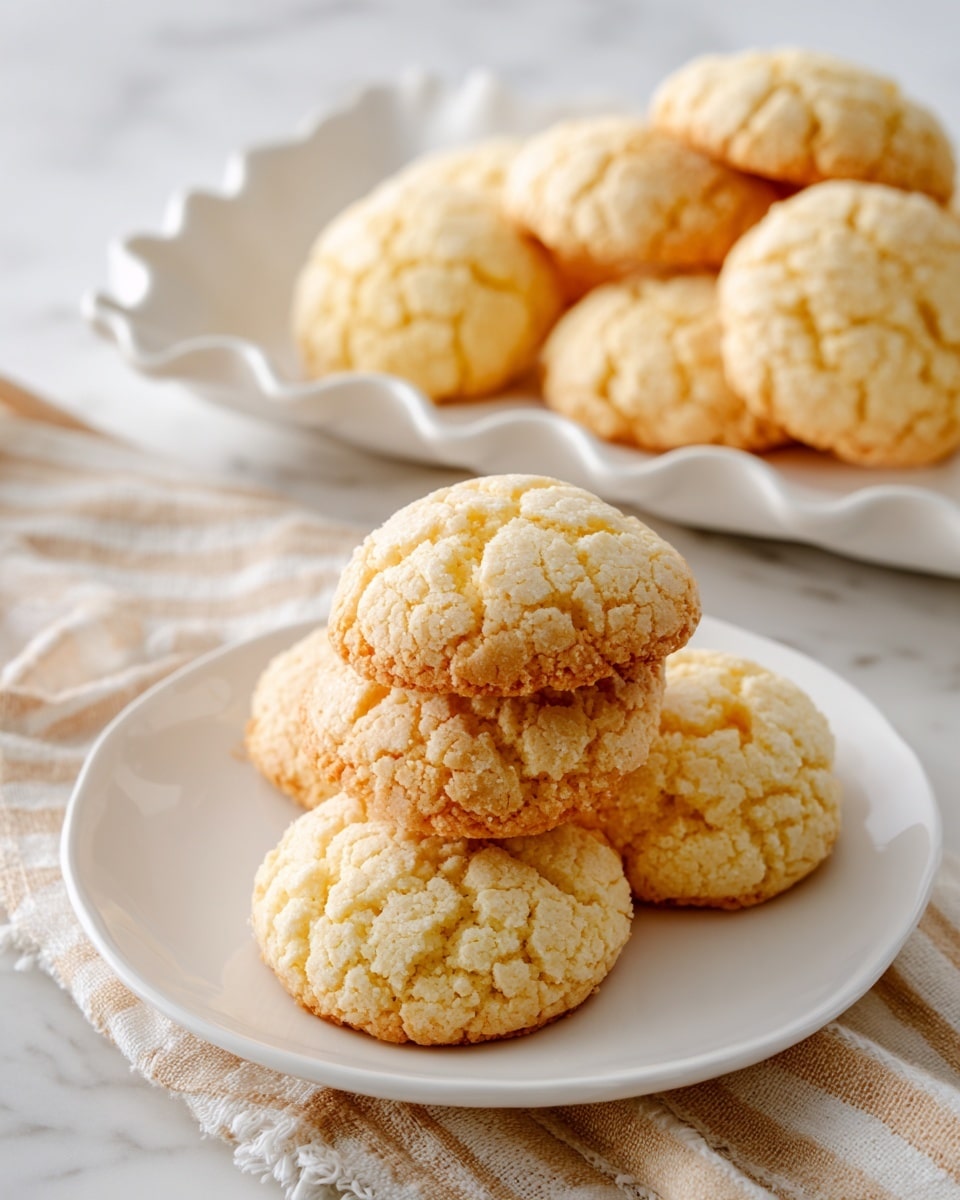 A small white plate holds three soft, light golden cookies stacked slightly unevenly, showing their cracked and fluffy texture. Behind this plate, a white tray with a wavy edge contains more cookies, also light golden and puffy, with a similar cracked surface. The cookies have a slightly rough, crumbly look with subtle yellow tones in some spots. The setup rests on a white marbled surface, with a beige and white striped cloth underneath. The lighting is soft, emphasizing the cookies’ pillowy and tender feel. photo taken with an iphone --ar 4:5 --v 7