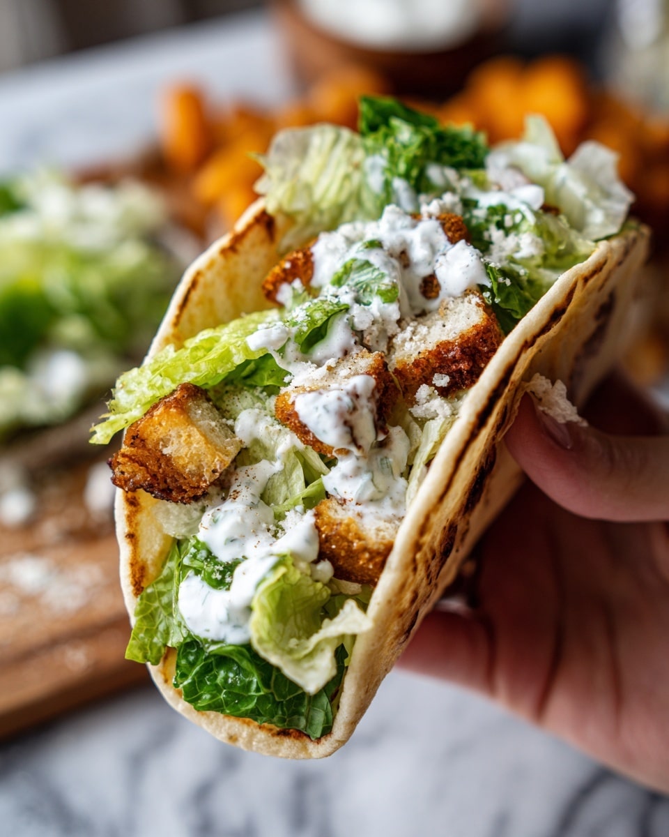 A close-up of a taco held by a woman's hand showing a soft, warm tortilla with a light golden-brown grilled edge as the base layer; inside there are fresh green lettuce leaves with a crisp texture, creamy white dressing drizzled on top, and small chunks of light and dark brown croutons scattered throughout; the background includes a white marbled surface with blurred out food items suggesting a casual dining setting, photo taken with an iphone --ar 4:5 --v 7