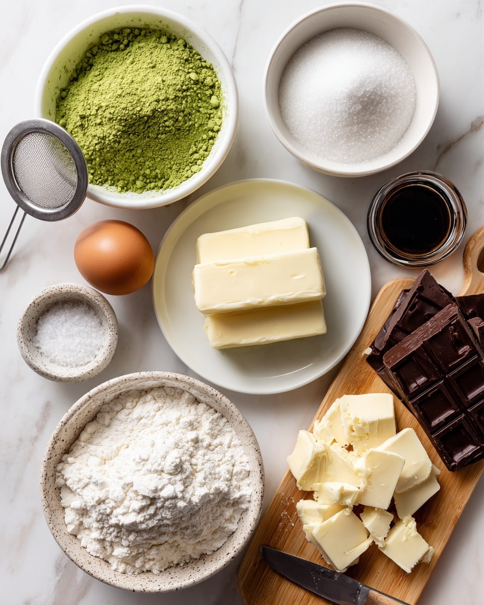 A flat lay of baking ingredients on a white marbled surface showing eight main items: at the top left, a white bowl holds a fine bright green powder with a metal strainer resting on it labeled matcha; to the right, a white bowl filled with granulated white sugar; below the matcha, a white plate with three slabs and a stack of sliced pale yellow butter; to the right of the butter, a white bowl filled with white all-purpose flour slightly mounded; below the flour, a small white speckled bowl holding one brown egg; to the left of the egg, a small white bowl filled with white salt; below the salt, a small white bowl with white baking soda; and at the bottom right, a wooden board with large broken chunks of white chocolate next to a knife with a wooden handle. Next to the egg bowl is a tiny clear jar of dark vanilla extract. The surface is clean and bright with a natural, simple look. Photo taken with an iphone --ar 4:5 --v 7