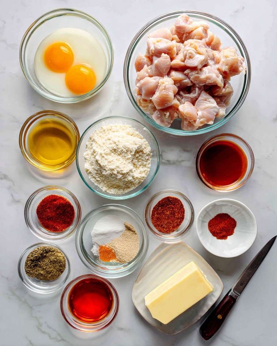 The image shows a top-down view of several clear glass bowls and small dishes arranged on a white marbled surface. The largest bowl in the upper center contains raw chicken pieces, light pink and chunked. To the left is a smaller bowl with two raw eggs, pale yellow yolks, white milk, and some orange hot sauce. Below the chicken bowl is another large bowl holding three separate white dry ingredients: flour, panko crumbs, and cornstarch. Around these major bowls are smaller dishes of various spices with different textures and colors—reddish paprika, light beige garlic powder, dark pepper, and bright red pepper flakes. There are also liquid ingredients in clear small bowls filled with bright orange apple cider vinegar, deep red hot sauce, and rich amber honey. Near the bottom, a slab of pale yellow butter rests on a knife with a dark handle. The setup appears clean and organized, ready for preparing a flavorful chicken dish. photo taken with an iphone --ar 4:5 --v 7