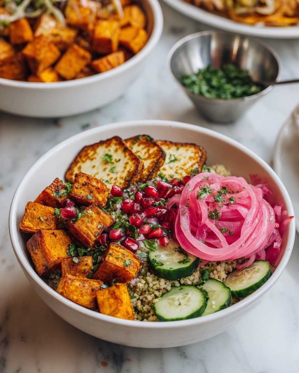A white bowl filled with a vibrant mix of food layers: at the bottom is a light beige grain salad with green herbs, topped with roasted orange-brown cubes that look like sweet potatoes. On one side, slices of shiny, golden-brown grilled cheese rest, while next to them, there are thin pink pickled onions garnished with chopped green herbs. Fresh, thinly sliced cucumber rounds with dark green edges and specks of herbs lay beside the onions. Bright red pomegranate seeds are scattered on top, adding pops of color throughout the dish. In the blurred background, there is a white bowl with the roasted orange-brown cubes, a small metal bowl of chopped green herbs, and a glass bowl with the light beige grain salad and herbs on a white marbled surface. Photo taken with an iphone --ar 4:5 --v 7
