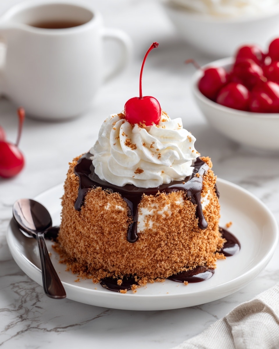 The image shows a round dessert shaped like a bowl, with a thick crunchy golden-brown crust on the outside layer. Inside, there is a smooth creamy white filling that makes up most of the dessert's volume. A spoon rests on a white plate, holding a scoop of the creamy filling covered with bits of the crunchy crust. Around the plate, small crumbs of the crust are scattered. In the background, there is a white container with honey and a wooden honey dipper resting on top, along with a white pitcher with dark syrup and stacked white plates with black spoons on a white marbled surface. Photo taken with an iphone --ar 4:5 --v 7