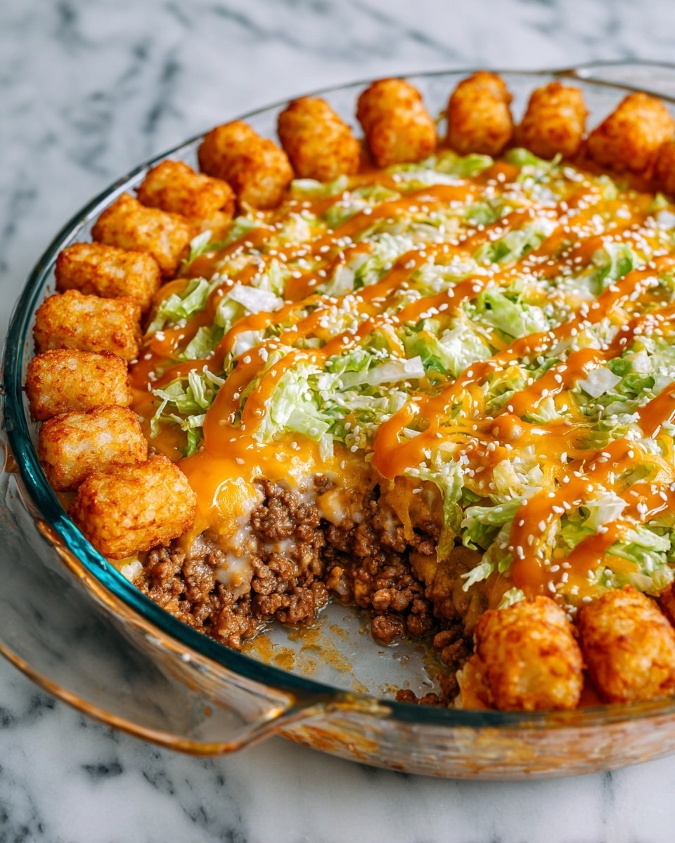 A close-up shows a serving scoop lifting a layered dish from a white plate, placed on a white marbled surface. The bottom layer on the scoop is cooked ground beef mixed with bits of melted cheese and small pieces of green chili, giving it a textured, crumbly look in brown and yellow colors. Above the beef is a layer of golden, crispy tater tots arranged closely together. On top of the tater tots, thin strips of fresh green lettuce add a crisp texture and a touch of light green color. The entire scoop is drizzled with a creamy, light orange sauce and sprinkled with white sesame seeds, making the dish look rich and flavorful. Photo taken with an iphone --ar 4:5 --v 7