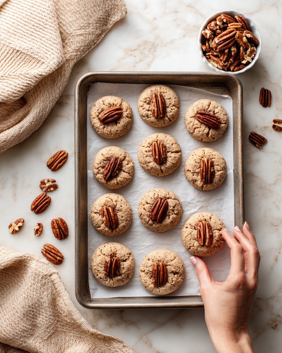 A metal baking tray holds a white parchment paper on top, with nine round cookies arranged in two layers: a base layer of five cookies and a top layer of four cookies mostly overlapping. Each cookie is light golden brown with a rough texture and has a whole pecan placed in the middle. A small white bowl filled with whole pecans sits on the tray in the top left corner. Pieces of pecans are spread around the cookies. A woman's hand is reaching from the right side to pick up one cookie. The tray sits on a white marbled surface with a beige knitted cloth partially visible in the top left corner. Photo taken with an iphone --ar 4:5 --v 7