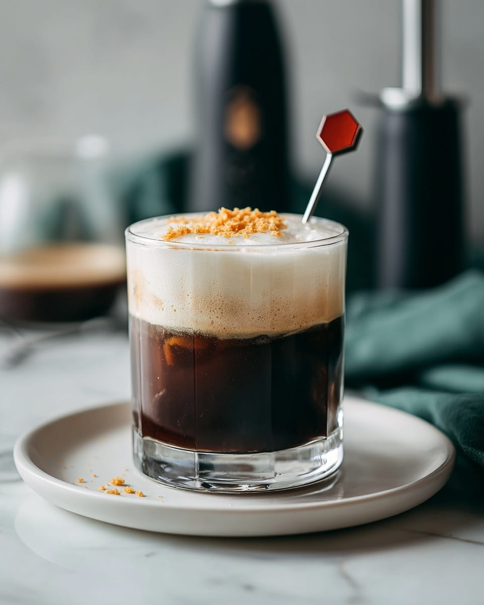 A clear glass filled with dark brown cold coffee with a thick, white foam layer on top, sprinkled lightly with golden crumbs. A metal stirrer with a red hexagon top stands upright in the foam. The glass sits on a white plate placed on a white marbled surface. In the background, a dark green cloth and a black handheld milk frother are softly blurred. Photo taken with an iphone --ar 4:5 --v 7