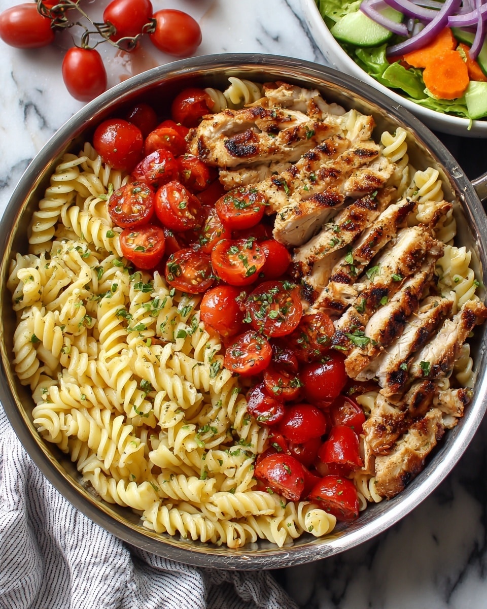 A round silver pan filled with a pasta dish that has three main layers: the bottom layer is light brown spiral rotini pasta, the middle layer consists of whole red cherry tomatoes scattered evenly, and the top layer shows grilled chicken strips with a cooked texture and light brown color, lightly sprinkled with green herbs. To the top right, there is a white bowl with a salad made of light green lettuce, cucumber slices, orange carrot rounds, and thin purple onion slices. The background is a white marbled surface, with a striped light cloth partially visible on the left side and some cherry tomatoes placed near the top left corner. Photo taken with an iphone --ar 4:5 --v 7