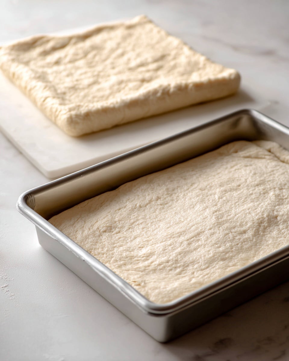 The image shows a close-up of a rectangular silver baking pan with smooth, light tan dough pressed evenly along the bottom and sides, forming a flat base layer that is slightly uneven in texture. Behind the pan, on a white marbled surface, is a separate rectangular sheet of flattened dough with a similar light tan color and a soft, slightly wrinkled texture. The scene is softly lit, highlighting the pale dough and metal pan's subtle reflections. Photo taken with an iphone --ar 4:5 --v 7
