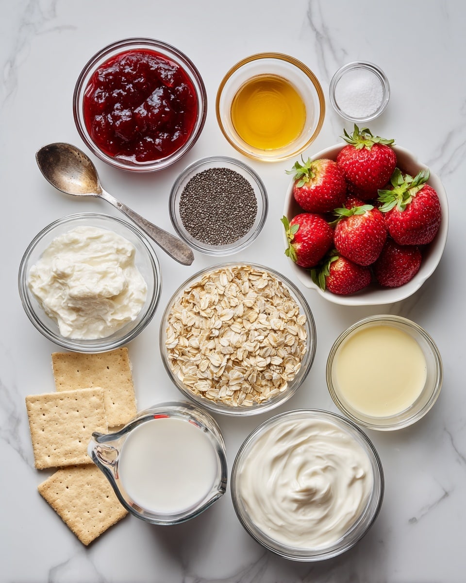 The image shows various clear glass bowls and measuring cups placed on a white marbled surface, each filled with different ingredients. From top left, there is a round bowl with red jam, followed by a small bowl of dark vanilla liquid and a tiny bowl of white salt. Next to these is a spoon with golden maple syrup. Below, on the right side, a white bowl holds whole strawberries with green leaves. In the center, a clear glass measuring cup contains white milk, and to its right is a round bowl filled with pale beige rolled oats. Below the oats, there is a small bowl of black chia seeds with textured surfaces. To the left of the chia seeds is a bowl of white cream cheese with a soft texture. At the bottom right, there is a round bowl full of white yogurt that looks smooth and creamy. In the lower left, there are three beige rectangular crackers labeled as optional topping and a small cup of pale yellow lemon juice. Each container is neatly arranged making the ingredients clear and easy to identify photo taken with an iphone --ar 4:5 --v 7