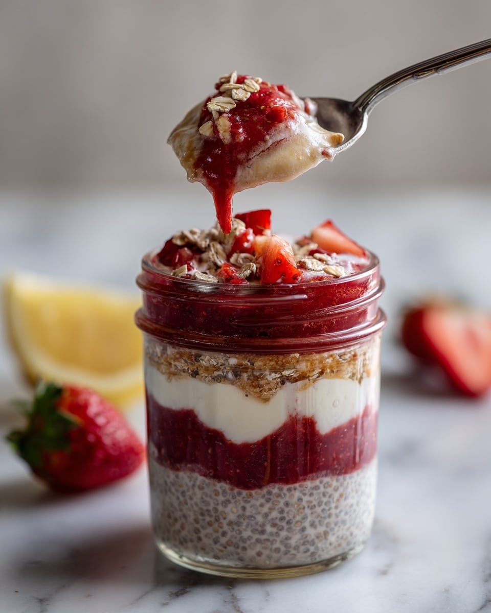This image shows a clear glass jar filled with four visible layers. The bottom layer is a dark red strawberry sauce, followed by a thick cream layer with visible chia seeds and oats. Above this is another layer of dark red strawberry sauce, topped with a creamy oat and chia seed mixture with small strawberry pieces and some crushed crumbs on top. A spoon is lifting a scoop of the top creamy layer with a strawberry piece in it. The background and surface are white marble textured. A strawberry and lemon slices are slightly visible in the background. Photo taken with an iphone --ar 4:5 --v 7