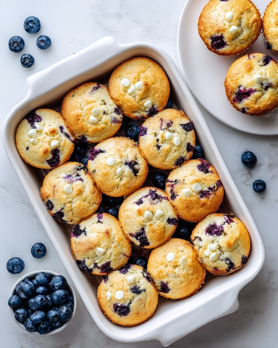 The image shows a white rectangular baking dish filled with twelve round blueberry muffins that have a golden brown top with visible dark blue and purple blueberry spots and scattered white chocolate chips. The muffins have a soft, slightly uneven texture and are arranged in three rows. Around the baking dish, there are some bright fresh blueberries and a white plate with three more muffins in the top right corner. The whole setup rests on a white marbled surface. photo taken with an iphone --ar 4:5 --v 7