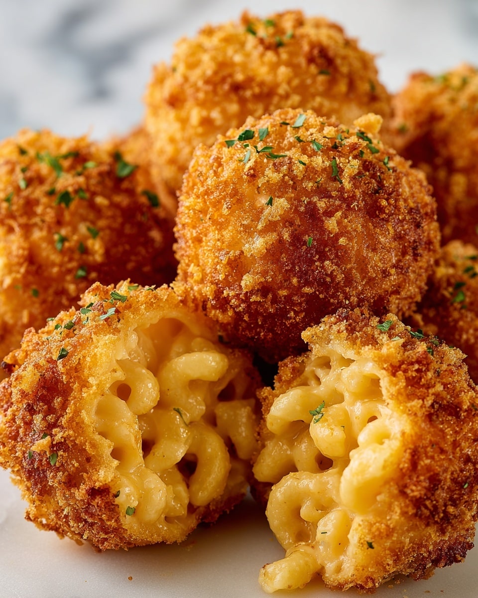 The image shows a close-up of round, golden brown, crispy macaroni and cheese balls with a crunchy breadcrumb coating. The outer layer is bubbly and browned with small green herb bits sprinkled on the surface. Inside, creamy, melted macaroni and cheese is visible, showing soft, gooey pasta pieces in a rich, cheesy sauce. The background is out of focus, making the macaroni balls the main focus on a white marbled surface. photo taken with an iphone --ar 4:5 --v 7