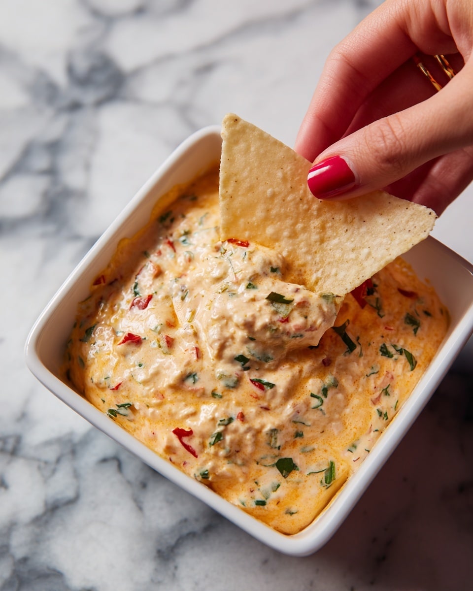 A woman's hand with red nail polish holds a large, light beige triangular chip partially dipped into a creamy, thick orange cheese dip that has small pieces of green herbs and red bits visible throughout. The dip is in a white square bowl placed on a white marbled surface. The texture of the dip looks smooth with some chunkiness from the small bits mixed in. Photo taken with an iphone --ar 4:5 --v 7
