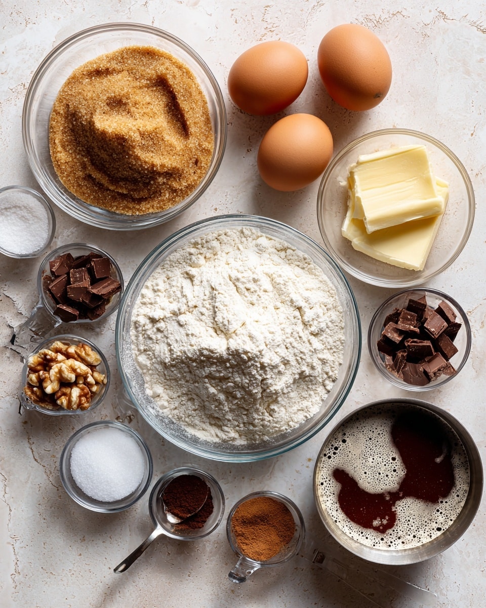 The image shows various baking ingredients arranged on a white marbled surface. There are four brown eggs placed near a clear glass bowl filled with light brown crumbly sugar on the left side. Centered below the eggs is a larger clear glass bowl filled with white flour that has a powdery texture. On the right side, there is a metal pan with dark brown melted butter and white foamy bubbles on top. Surrounding these main items are small measuring cups and spoons holding ingredients like light brown sugar, dark chocolate chunks, chopped nuts, white salt, white baking powder, and a small spiced powder, all resting on the white marbled surface. photo taken with an iphone --ar 4:5 --v 7