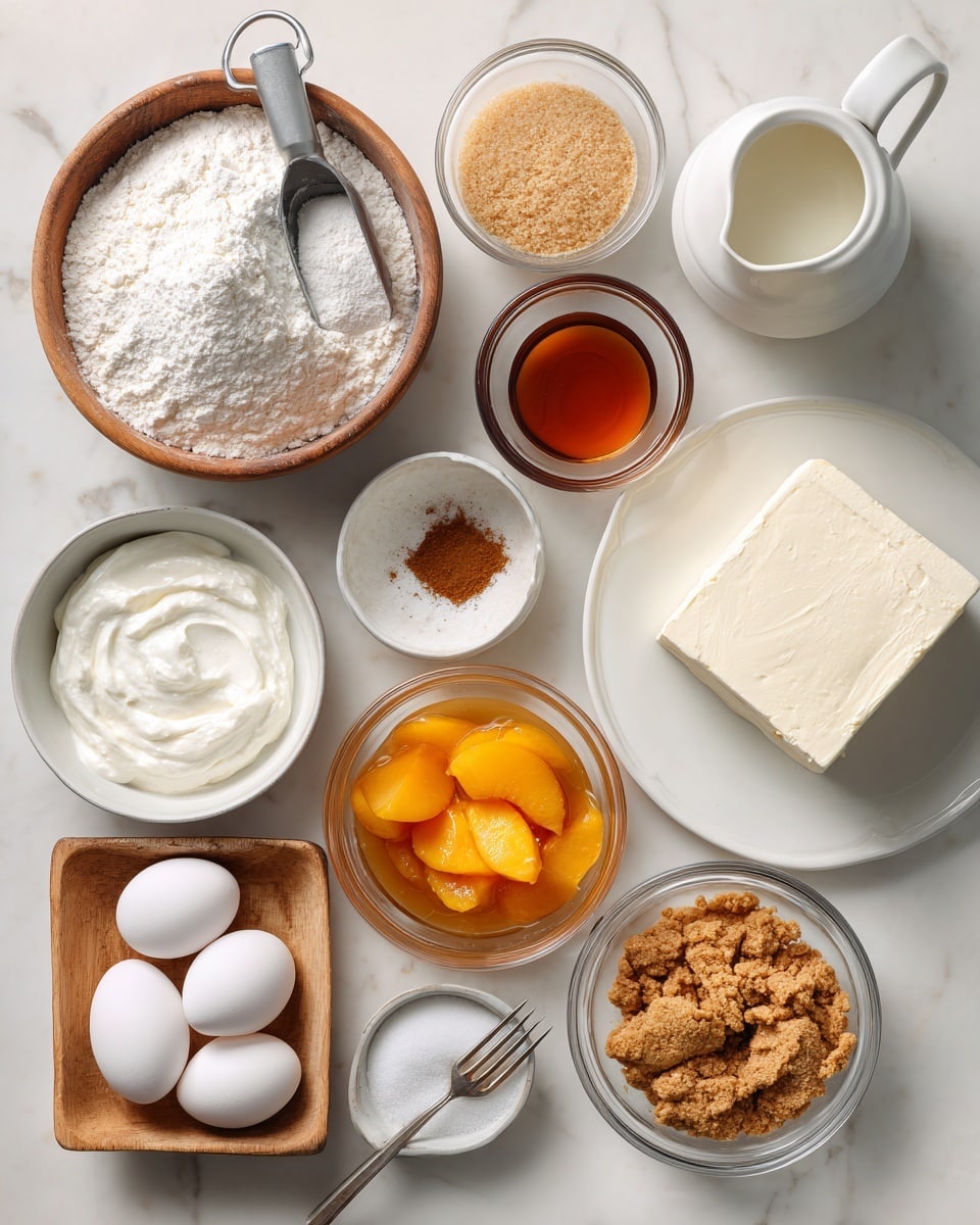 A top-down view of various baking ingredients arranged neatly on a white marbled surface. There are eleven containers in total: a wooden bowl with white flour and a metal scoop at the top left; a clear glass bowl with light brown sugar next to it on the right; a white pitcher with melted butter beside the sugar; a white plate with a block of cream cheese at the top right; a small white bowl with ground cinnamon below the cream cheese; a medium white bowl with white sugar and a wooden spoon to its left; a small wooden bowl with white salt and a tiny fork at the bottom center; a clear glass bowl with yellow peach slices in syrup at the center; a small clear bowl of white sour cream to the left of the peaches; a wooden square bowl with two white eggs on the bottom left; and a small wooden bowl filled with graham cracker crumbs near the eggs. Each container holds a separate ingredient and they are spaced evenly. Photo taken with an iphone --ar 4:5 --v 7