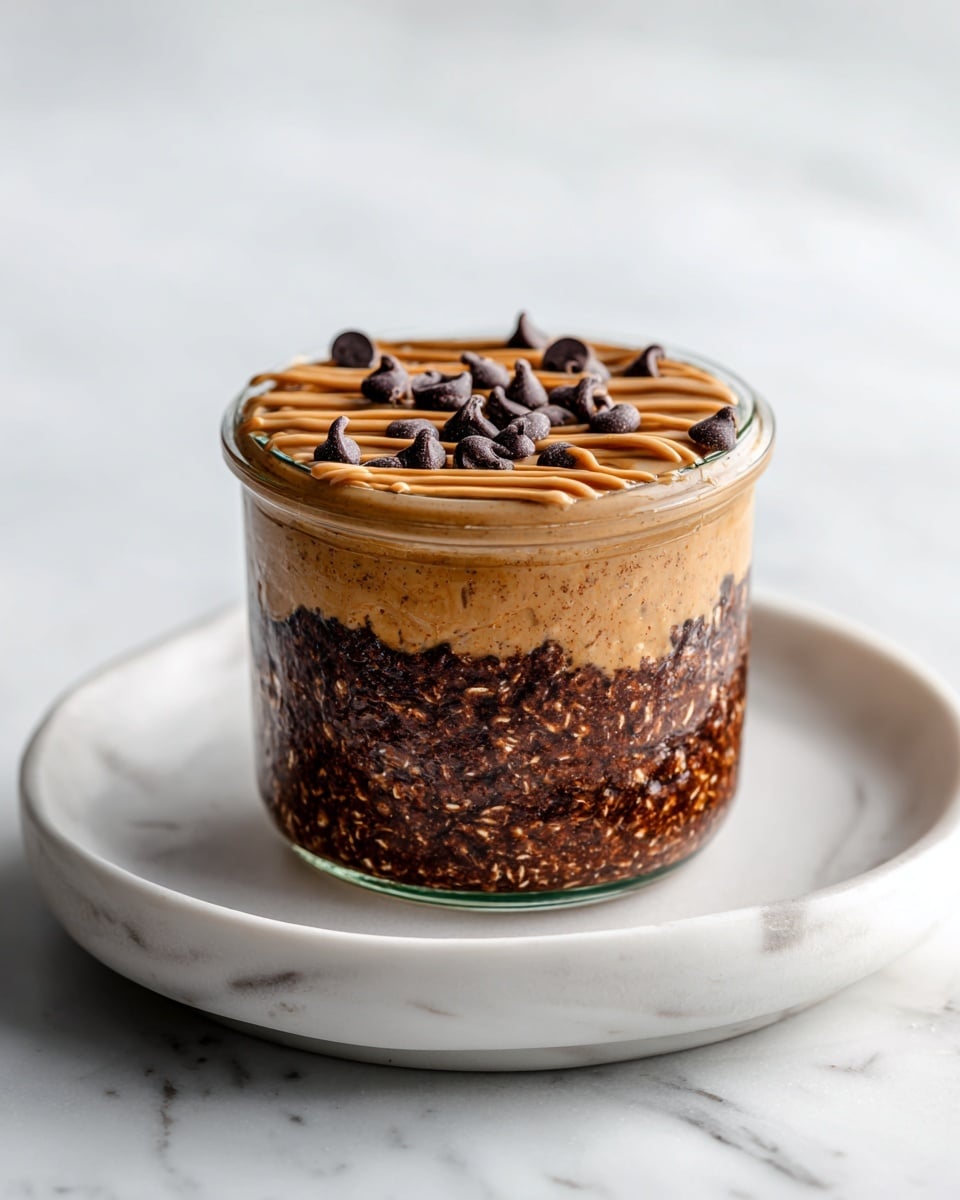 A clear glass jar is filled with three layers; the bottom and middle layers show thick, dark brown oatmeal mixed with small pieces of darker grains, giving it a textured look. The top layer has a drizzle of light brown peanut butter spread in thin lines across, with scattered dark brown chocolate chips on top. The jar is placed on a white plate with a white marbled surface beneath it, creating a clean and bright setting. Photo taken with an iphone --ar 4:5 --v 7