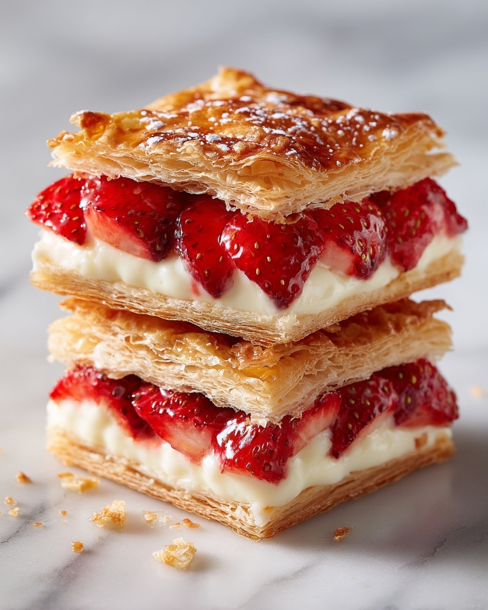 The image shows a stack of two square strawberry pastries on a white marbled surface. Each pastry has three layers: the bottom and top layers are golden-brown flaky puff pastry with a crispy texture, and the middle layer is creamy and smooth, topped with glossy, bright red sliced strawberries. The edges of the pastry are puffed and slightly browned, adding a crunchy frame around the soft cream and strawberries. Small crumbs from the pastry are scattered on the surface near the stack. photo taken with an iphone --ar 4:5 --v 7