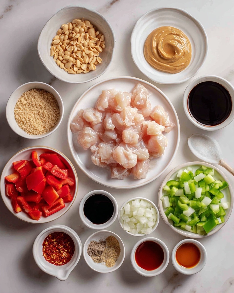 The image shows a neatly arranged top view of raw ground chicken placed in the center on a white plate, surrounded by small white bowls and dishes holding various colorful ingredients. To the upper left of the chicken is a white bowl filled with crushed peanuts, and next to it, a white plate with creamy peanut butter. Below the peanuts are small bowls with minced garlic, sesame oil, sweet chili sauce, rice vinegar, a mix of pepper, garlic, and ginger powder, and dark soy sauce. To the right of the chicken are diced green and red bell peppers on a white plate, chopped white onion in a white bowl, a small bowl with honey, and a white bowl with water chestnuts. A small ramekin with hoisin sauce sits near the top right on the white marbled surface. All items are brightly lit, clean, and well organized, photo taken with an iphone --ar 4:5 --v 7