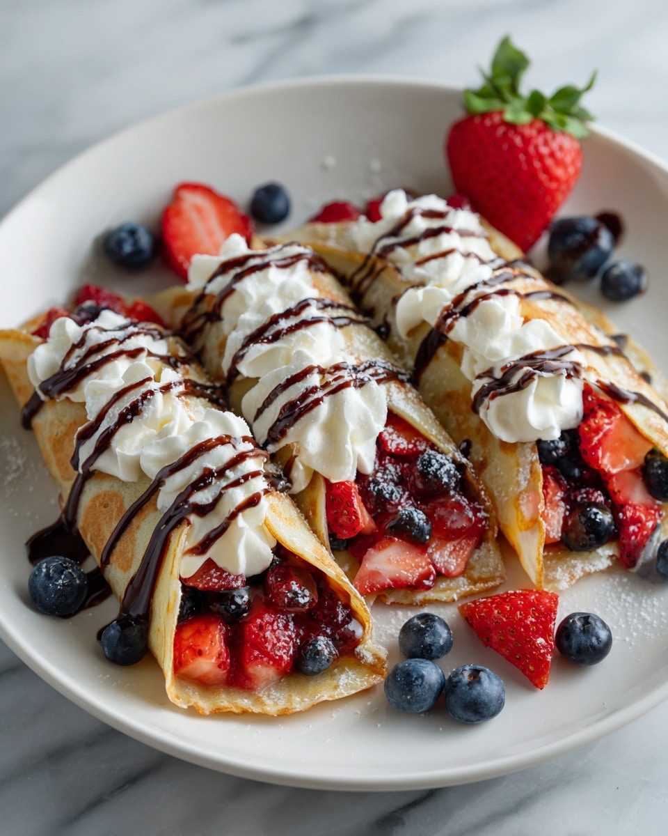 The image shows a white plate with six small soft golden crepes folded in half, each filled with a mix of chopped red strawberries and whole deep blue blueberries. On top of the fruit inside each crepe is a dollop of white whipped cream, drizzled generously with dark chocolate syrup that also drips slightly down the sides. Around the crepes on the plate are a few extra whole blueberries and a single whole strawberry with green leaves visible. The plate sits on a white marbled surface. photo taken with an iphone --ar 4:5 --v 7