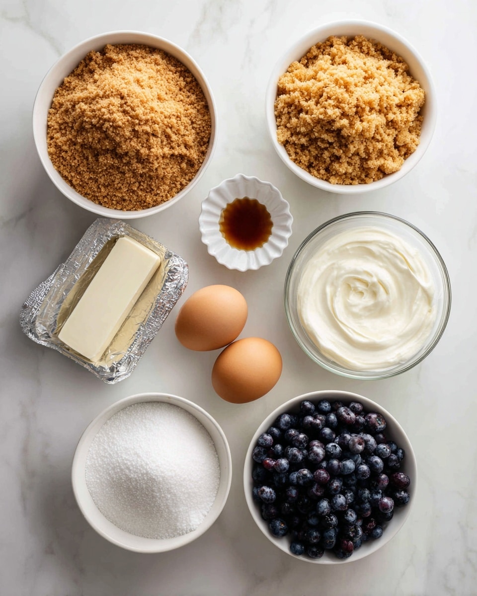 On a white marbled surface, several ingredients are arranged neatly: large white bowls hold light brown crushed graham cracker crust on the top left and crumbly golden crumble topping on the top right. Below these, a silver foil package of cream cheese sits next to a clear glass bowl of smooth, white sour cream and a small white fluted dish with amber vanilla extract. Below these, two brown eggs rest side by side. To the bottom left, a white bowl filled with white granulated sugar sits near the bottom right, where a white bowl contains dark, ripe blueberries with a light dusting of frost. The setup looks clean and ready for baking photo taken with an iphone --ar 4:5 --v 7
