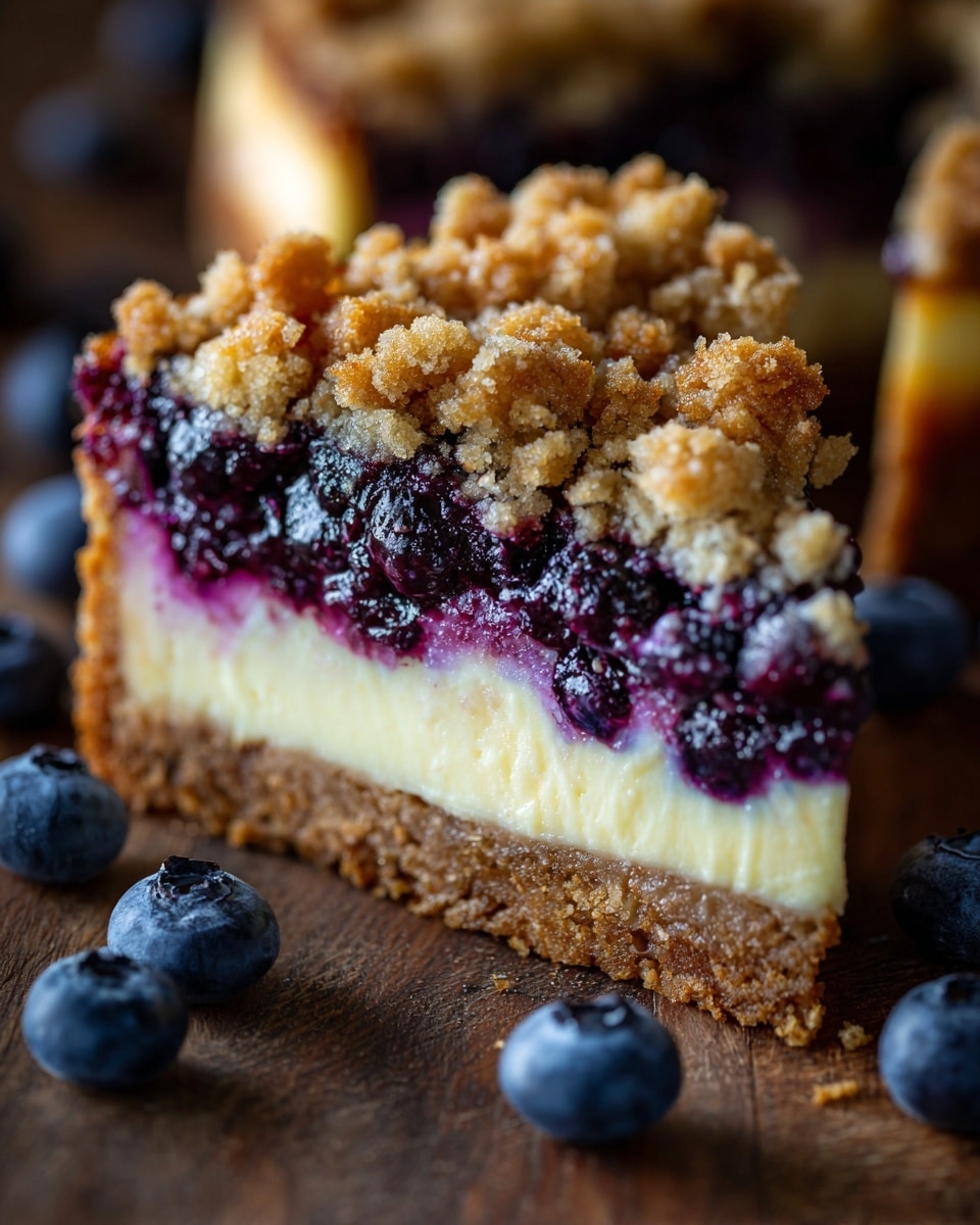 A close-up of a slice of blueberry crumb cheesecake on a wooden surface with blueberries scattered around. The cake has three visible layers: a thick light brown crumbly crust at the bottom, a creamy yellow cheesecake layer in the middle, and a top layer of blueberry filling with a mix of purple and blue colors. The very top has a golden brown crumb topping with a rough texture and small chunks. Photo taken with an iphone --ar 4:5 --v 7