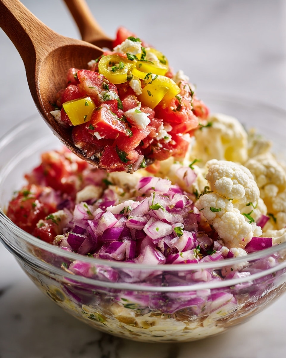 A clear glass bowl sits on a white marbled surface, filled with a colorful salad with many layers. The base layer has white cauliflower florets mixed with deep red chopped tomatoes and scattered green herbs. On top, there are bright yellow banana pepper rings, small pieces of red onion with a purple hue, and bits of pale white cheese. Two wooden spoons are lifting a portion of the salad, showing the mix of ingredients closely packed together with a light dressing that glistens. In the background, there is a blurry warm golden color. Photo taken with an iphone --ar 4:5 --v 7