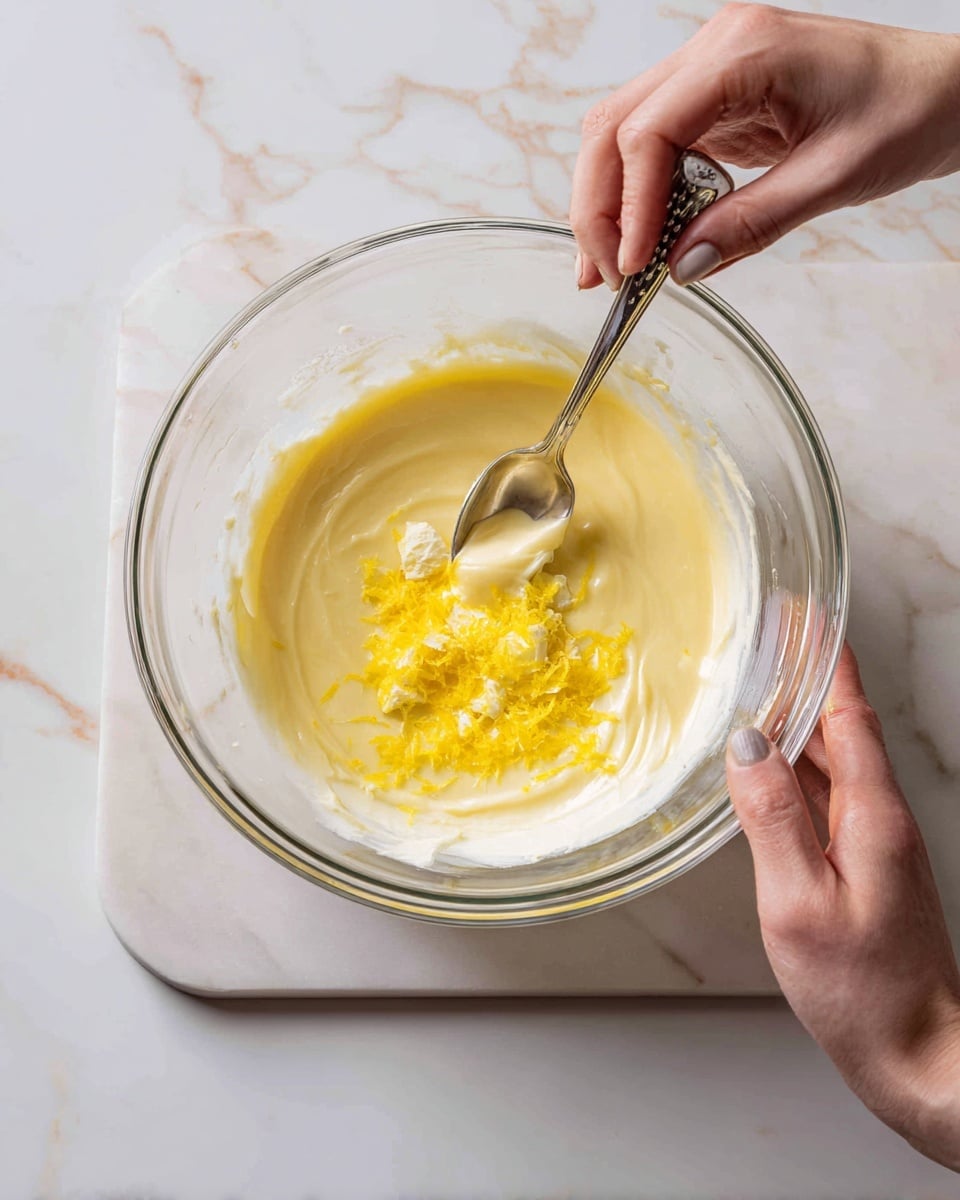 A clear glass bowl on a white marbled surface contains a pale yellow, smooth mixture being stirred with a spoon held by one woman's hand, while the other woman's hand holds the bowl steady. Next to it, another clear glass bowl on the same white marbled surface shows a layer of soft white butter at the bottom with bright yellow lemon zest being grated on top by a woman's hand holding a silver grater above the bowl. Photo taken with an iphone --ar 4:5 --v 7