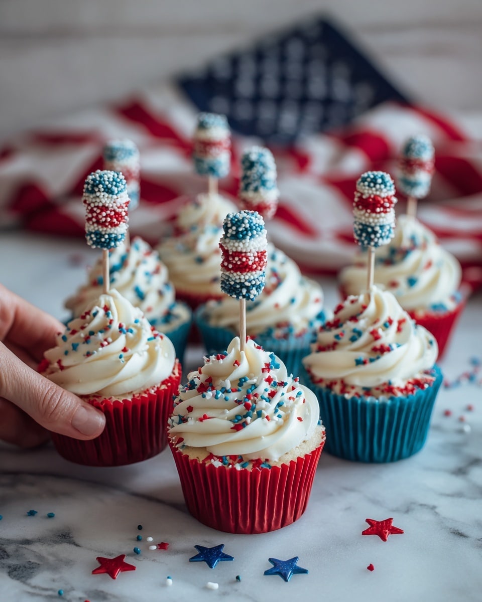 The image shows six colorful cupcakes with white creamy frosting on top, each in a red or blue paper cup. The frosting is sprinkled with small red, white, and blue star and rod-shaped sprinkles. Each cupcake has a stick inserted in the center, decorated with red, white, and blue candy pieces stacked in layers, topped with a small swirl of white frosting. The cupcakes are placed on a white marbled surface, with an American flag in the background and a red, white, and blue star-patterned cloth beneath them. A woman's hand is lightly holding one cupcake on the left side. photo taken with an iphone --ar 4:5 --v 7