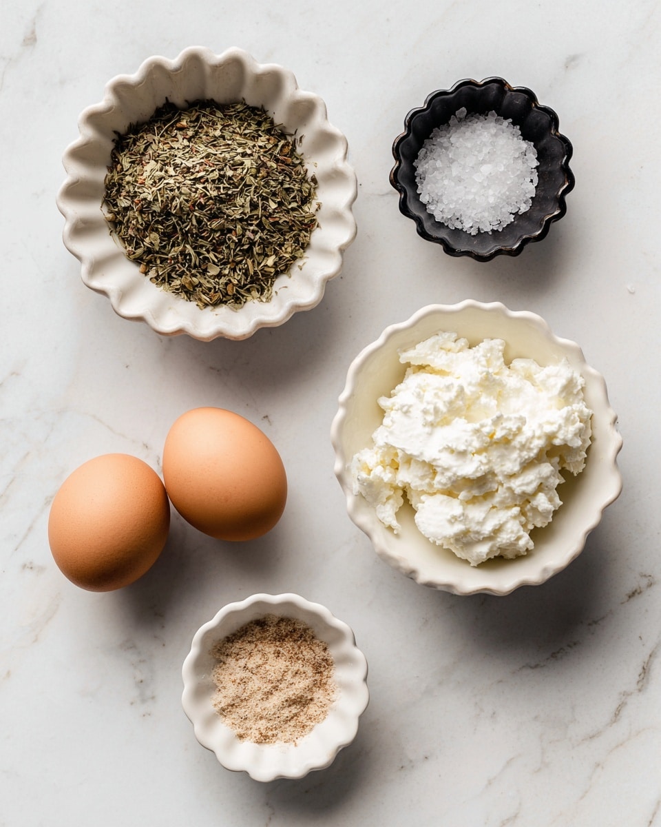 The image shows five small dishes arranged on a white marbled surface with various ingredients. At the top left is a white scalloped dish filled with a mix of dried Italian herbs that look green and brown. To the right is a small black scalloped dish with white salt crystals. In the center is a white bowl filled with white cottage cheese with a lumpy texture. Below the herbs, there is a small white dish that holds light brown garlic powder in a fine texture. At the bottom, there is a white scalloped dish holding two brown eggs with smooth shells. Photo taken with an iphone --ar 4:5 --v 7