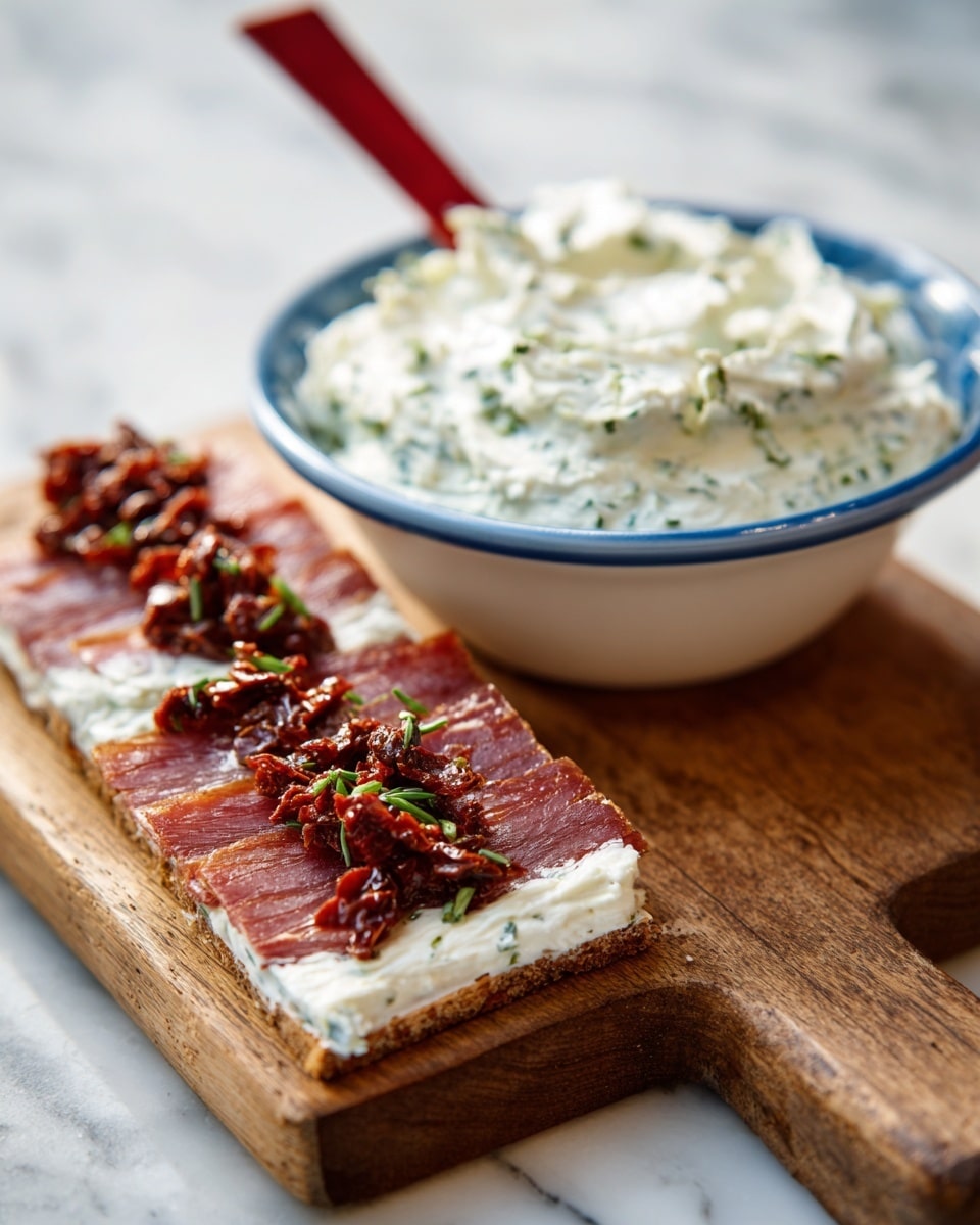 The image shows two thin raw meat pieces on a wooden board, each with a layer of white creamy spread that looks soft and smooth. One piece has an extra layer of chopped, dark red sun-dried tomatoes on top of the cream. To the right side of the board, there is a white bowl with a blue outside filled with creamy spread that has some green herbs mixed in and a red spatula resting inside it. The wooden board is placed on a white marbled surface. Photo taken with an iphone --ar 4:5 --v 7