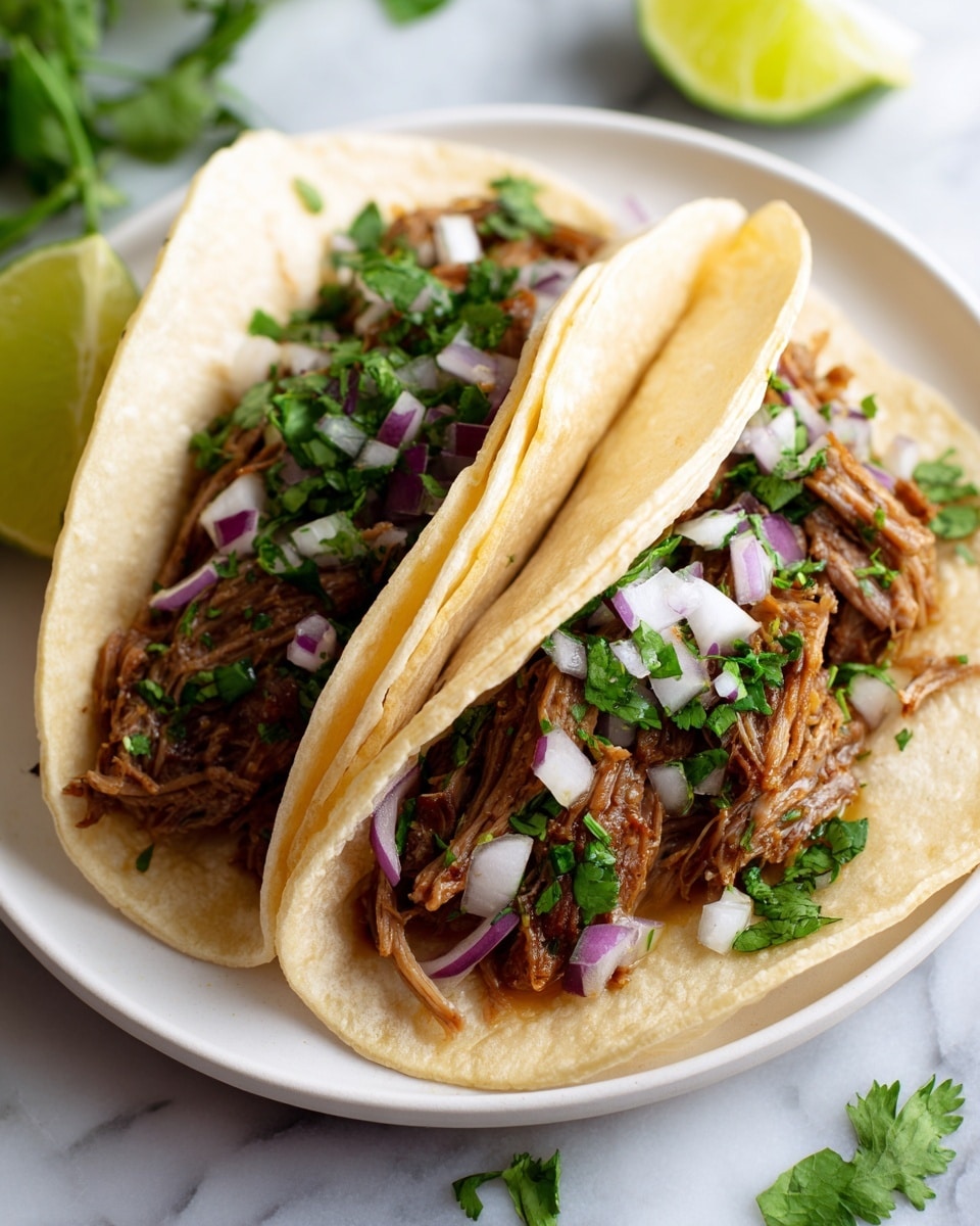 Two soft, light beige corn tortillas are placed side by side on a white plate, each folded gently in half. Inside each tortilla is a layer of shredded brown cooked meat, topped with small chopped white onions and bright green cilantro leaves. There are also thin slices of purple onion adding a pop of color. The plate sits on a white marbled surface with some scattered cilantro pieces around, and a wedge of lime is visible in the front corner. The overall look is fresh and inviting. photo taken with an iphone --ar 4:5 --v 7
